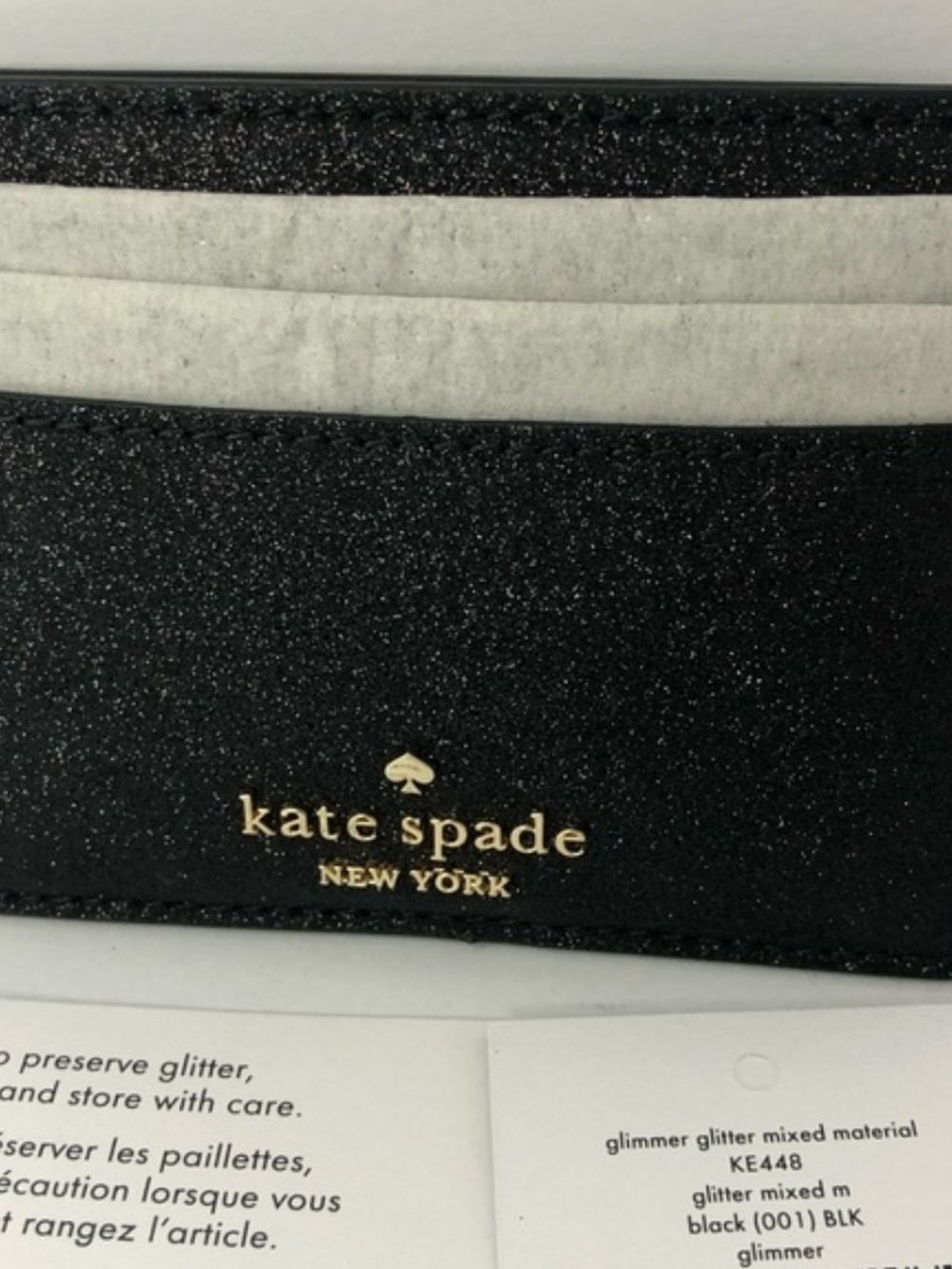 Kate Spade NWT!  Black Glitter Card Holder with Gold Logo